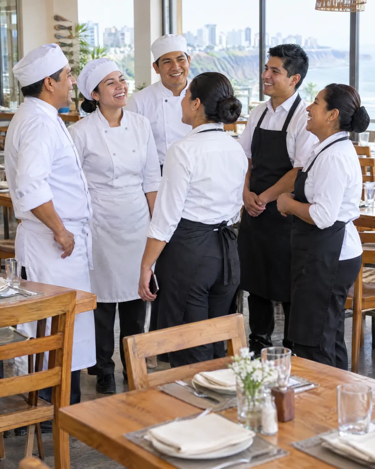 Equipo de cocina y sala de una cevichería conversando antes del servicio del mediodía